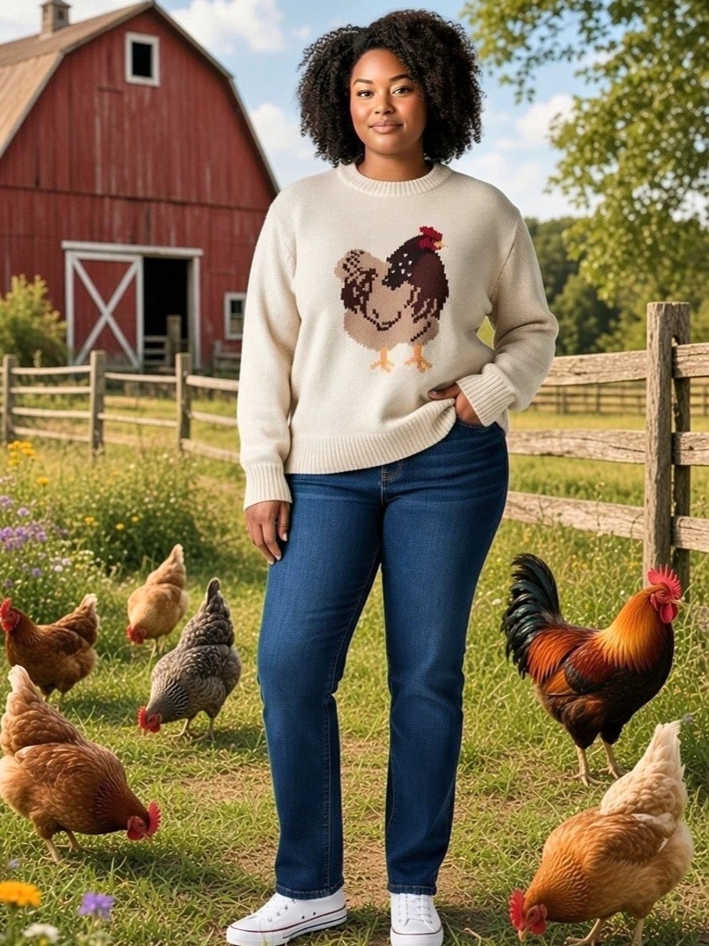 Blue Mountain Rooster Graphic Crewneck Sweater in Cream Size Large